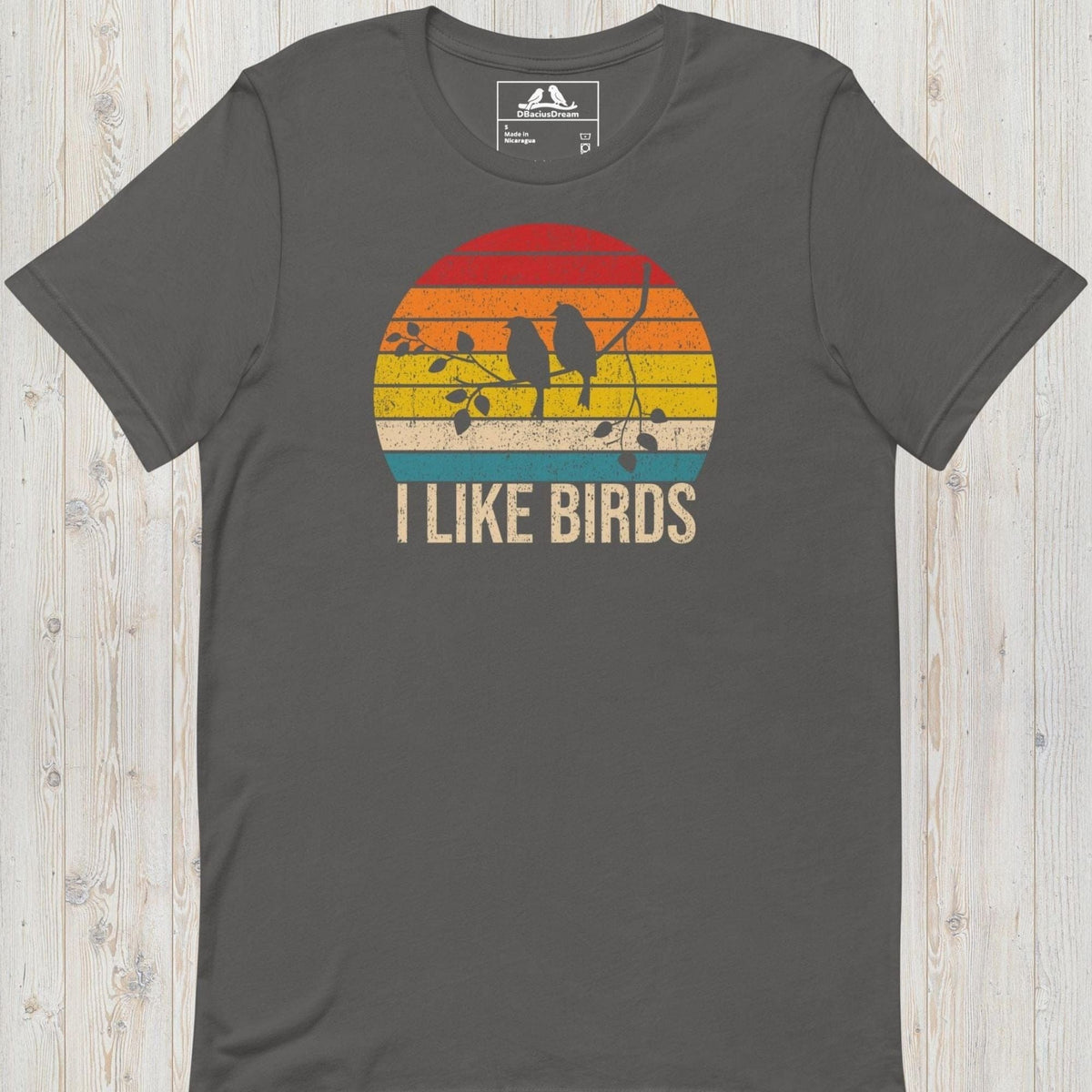 Gray I Like Birds graphic t-shirt with sunset bird silhouette design