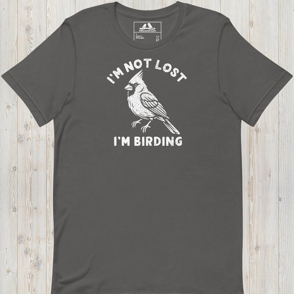 Gray funny birding t-shirt featuring a northern cardinal and "I'm Not Lost I'm Birding" text