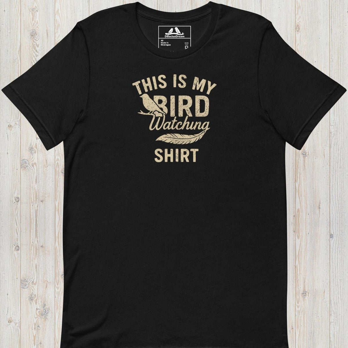 Black birdwatching t-shirt with bird silhouette and the quote "This Is My Bird Watching Shirt"