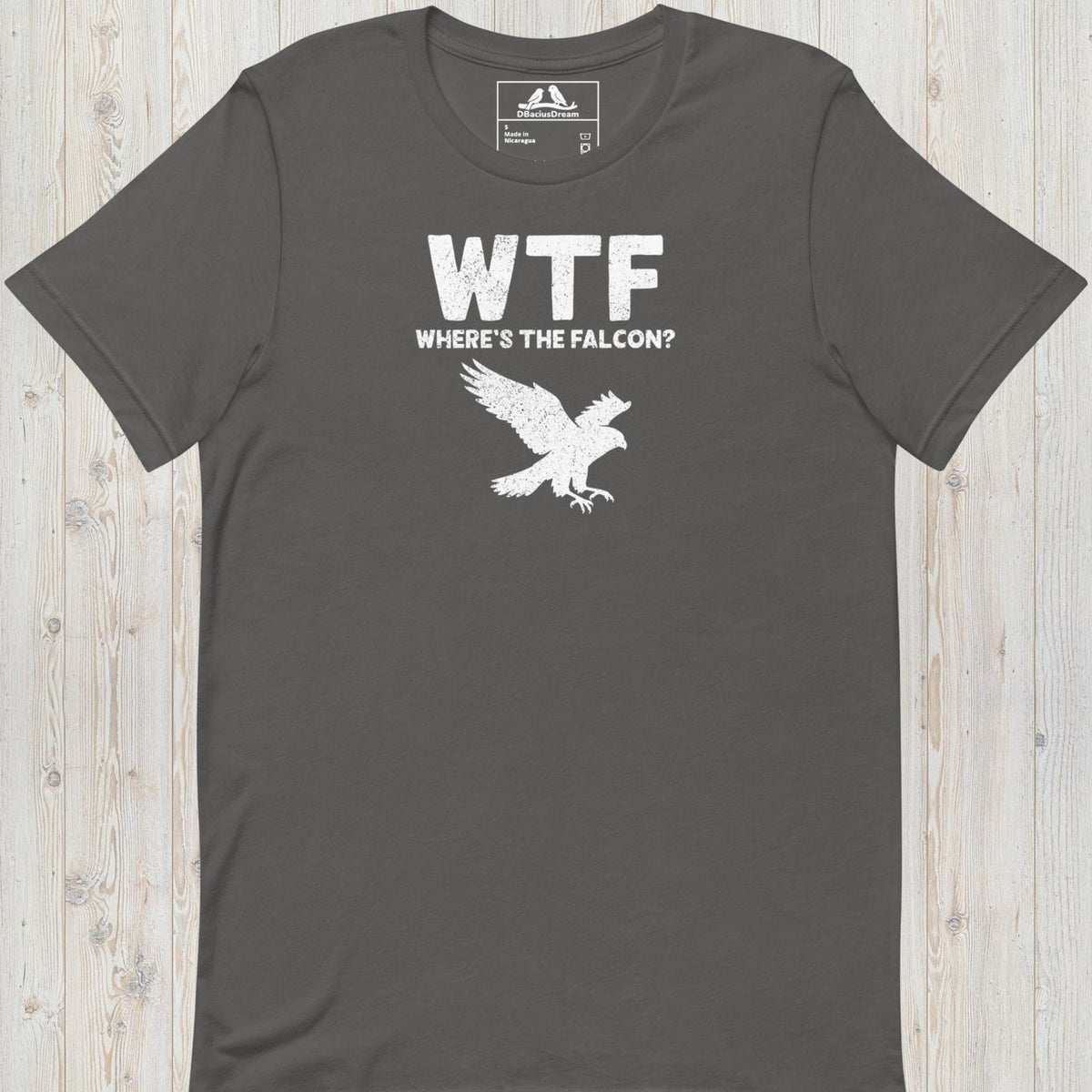 Gray funny falcon t-shirt with a white falcon graphic and the quote "WTF Where's The Falcon"
