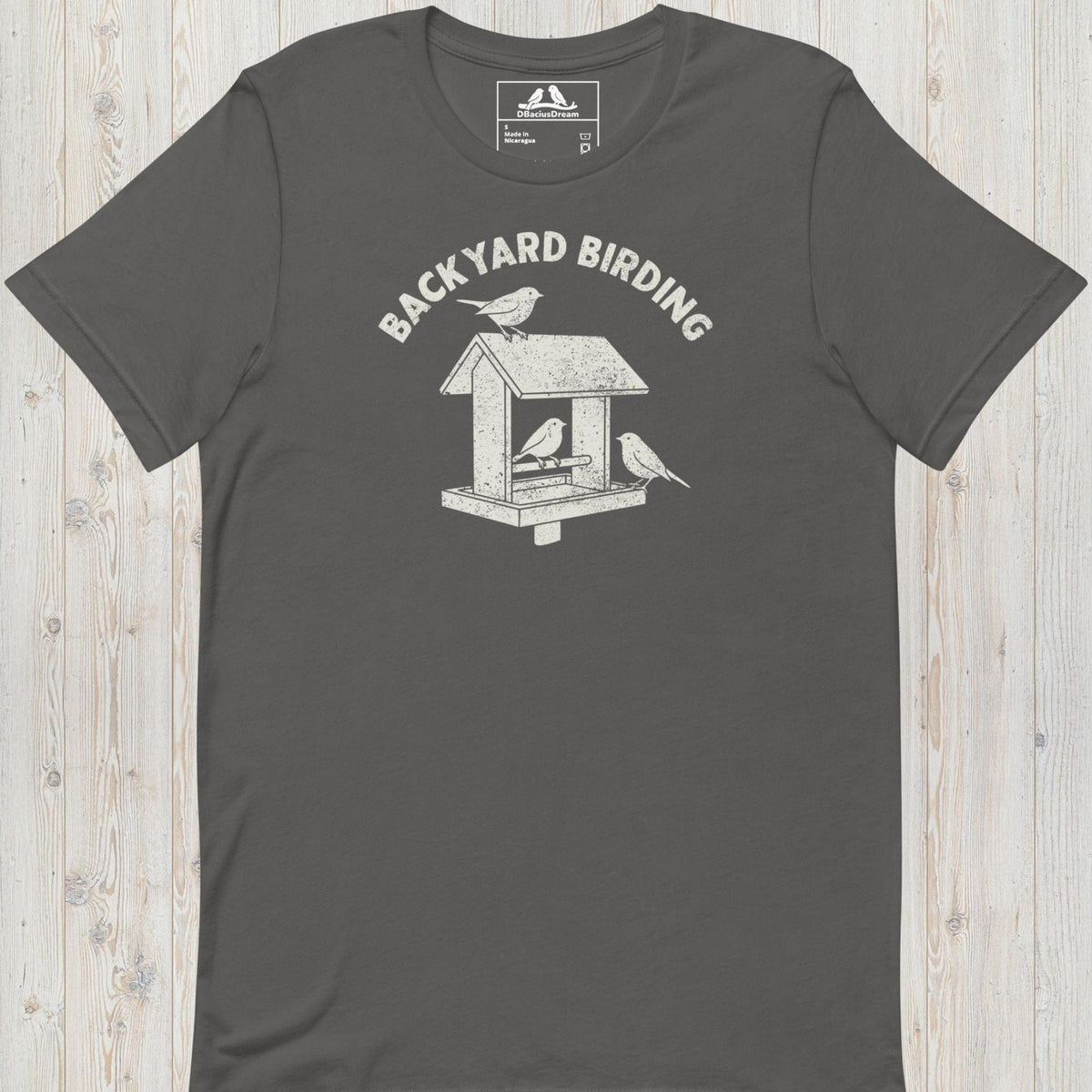 Gray backyard birding t-shirt with a bird feeder graphic and birds