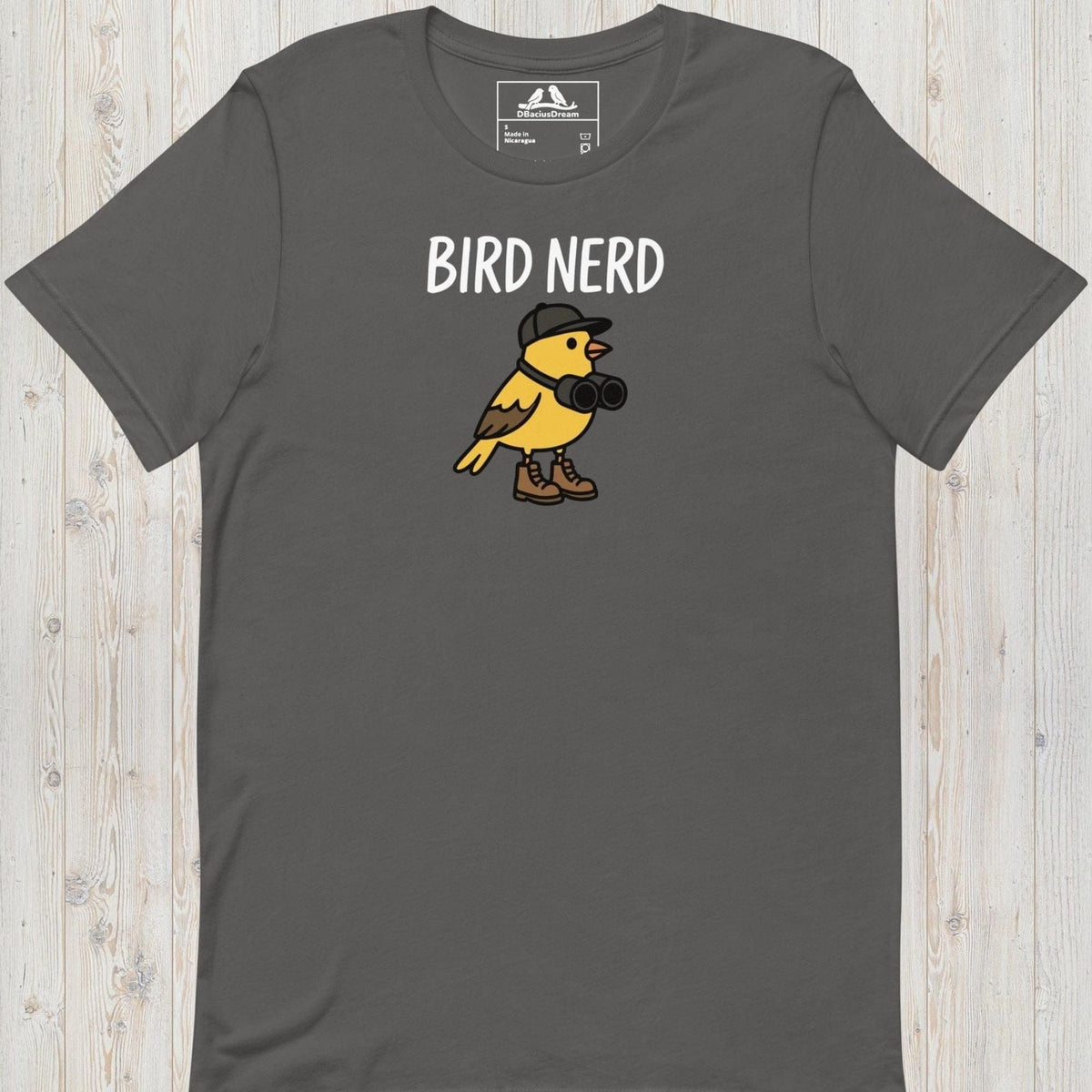 Gray cute bird nerd t-shirt with a yellow cartoon bird graphic and Bird Nerd text