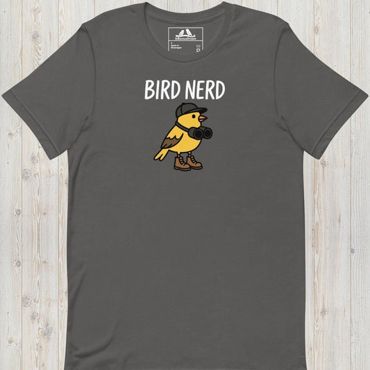 Gray cute bird nerd t-shirt with a yellow cartoon bird graphic and Bird Nerd text
