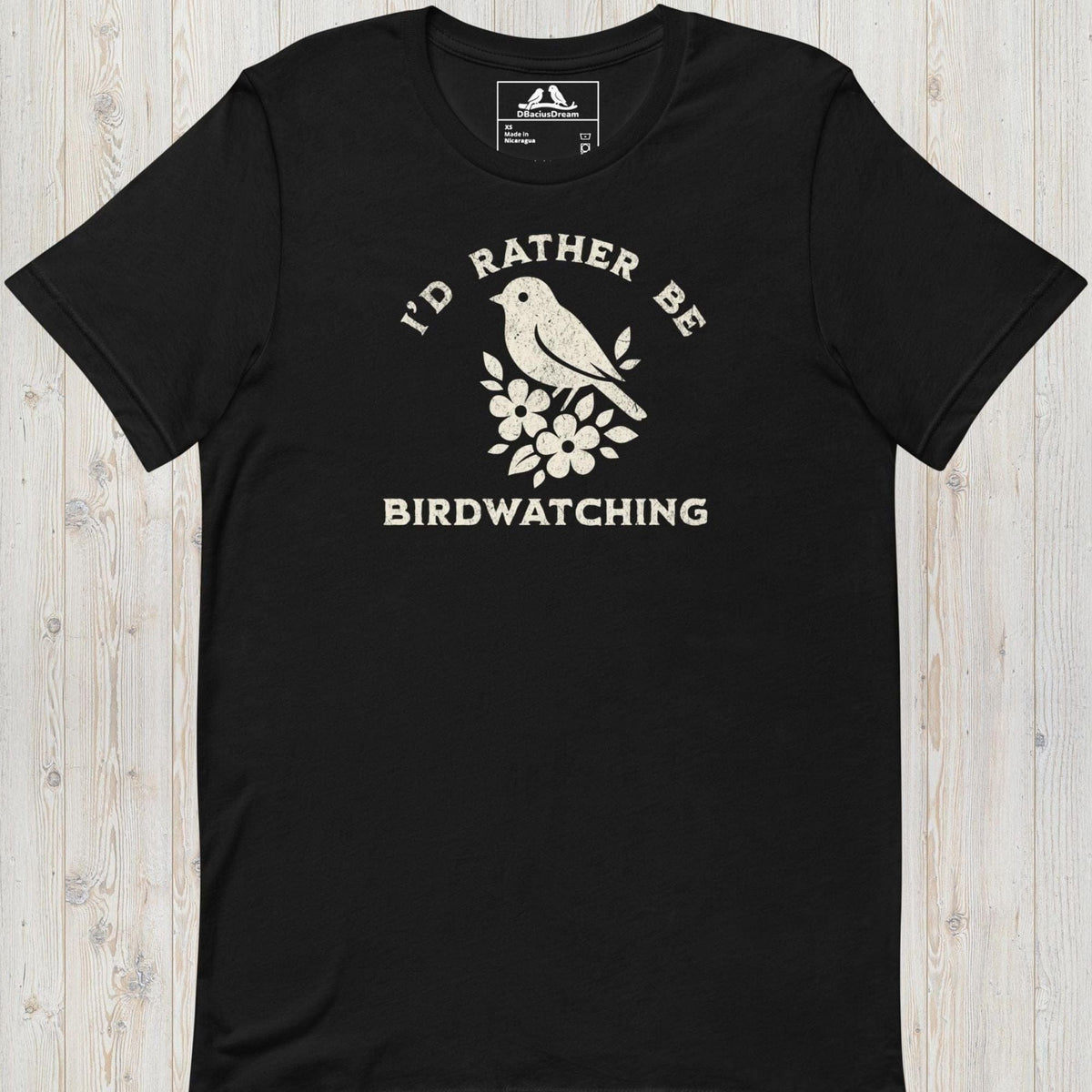 Black I'd Rather Be Birdwatching T-Shirt with vintage bird graphic