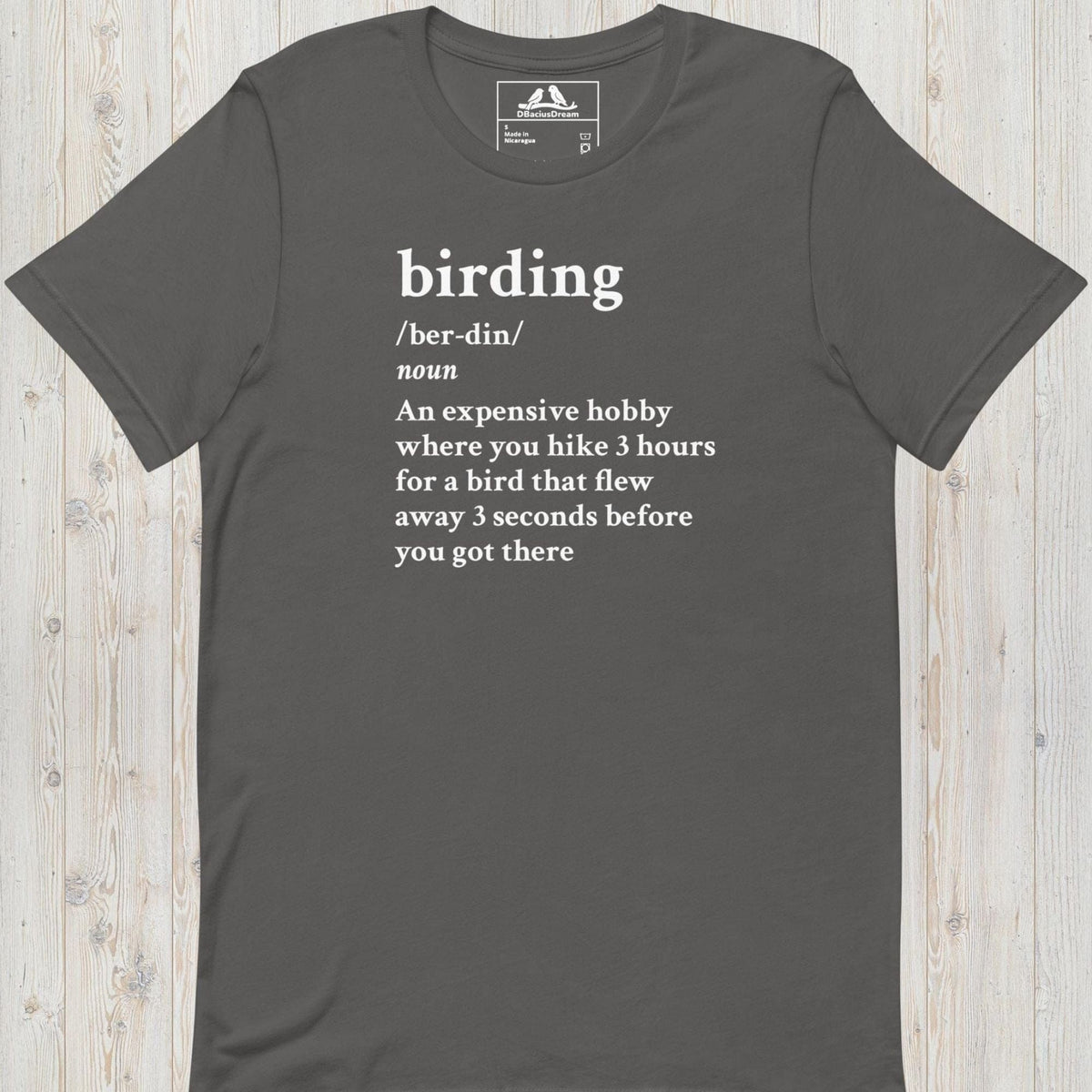 Gray funny birding definition t-Shirt with dictionary-style birding quote in white text