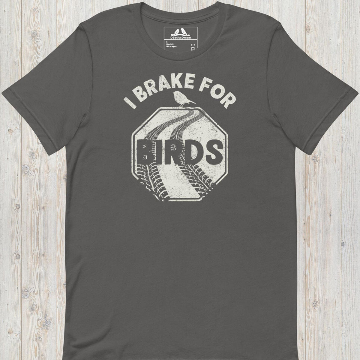 GrayI brake for birds t-shirt featuring a distressed road sign graphic