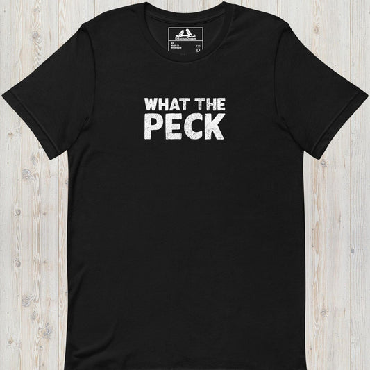 Black bird pun t-shirt with "What The Peck" funny quote text design