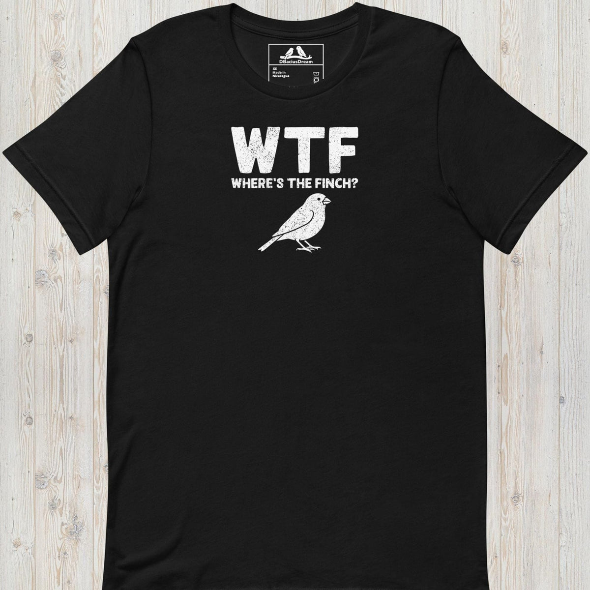 Black funny finch t-shirt with a white finch graphic and the quote "WTF Where's The Finch"