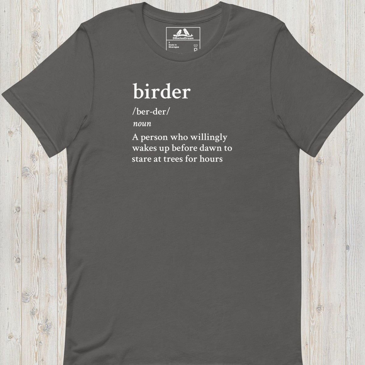 Gray funny birder definition t-shirt with dictionary-style birder quote in white text