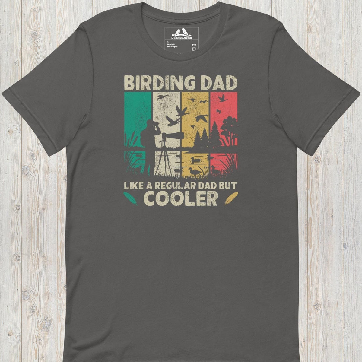 Gray birding dad t-shirt featuring a vintage birdwatching graphic and the quote "Birding Dad Like a Regular Dad But Cooler"