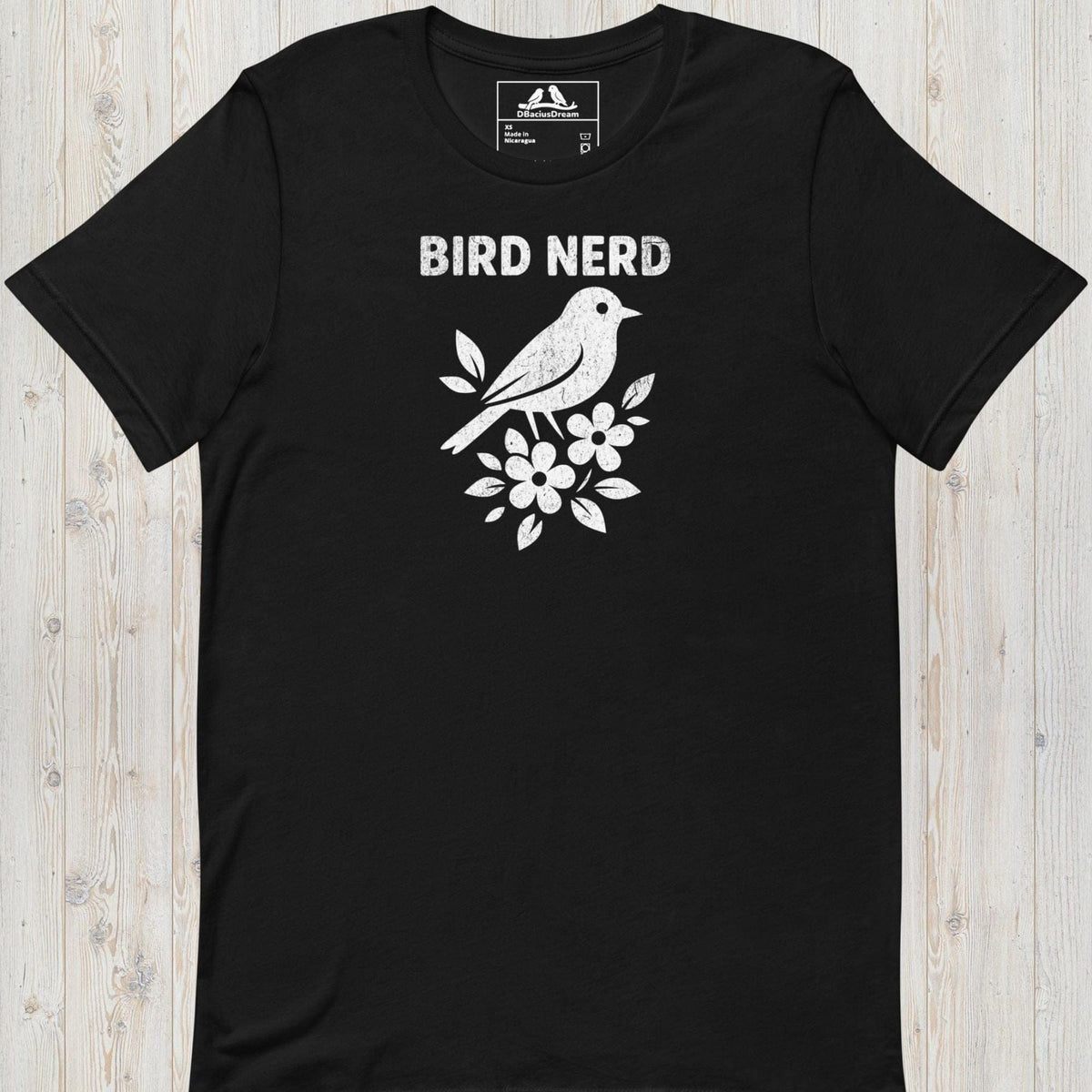Black vintage bird nerd t-shirt featuring a simple white bird graphic and Bird Nerd text