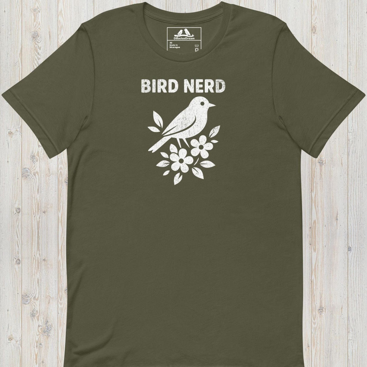 Olive green vintage bird nerd t-shirt featuring a simple white bird graphic and Bird Nerd text