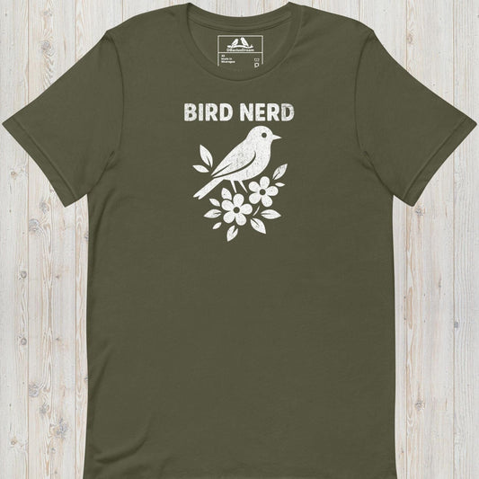Olive green vintage bird nerd t-shirt featuring a simple white bird graphic and Bird Nerd text